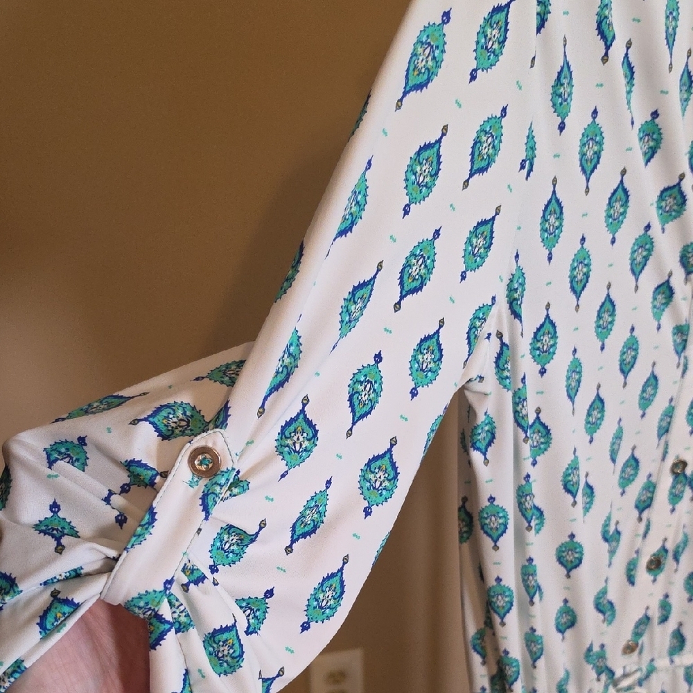 Cabana Life White Coverup Or Dress with Teal Print and Blue Border - Picture 3 of 7